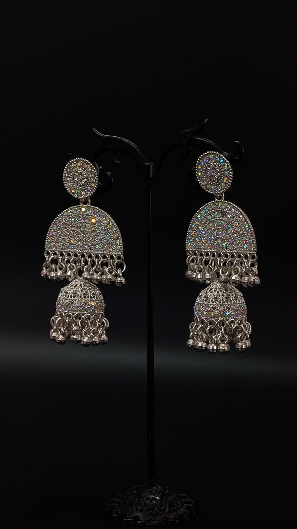 Oxidised Silver Sparkling Double Ethnic Jhumka