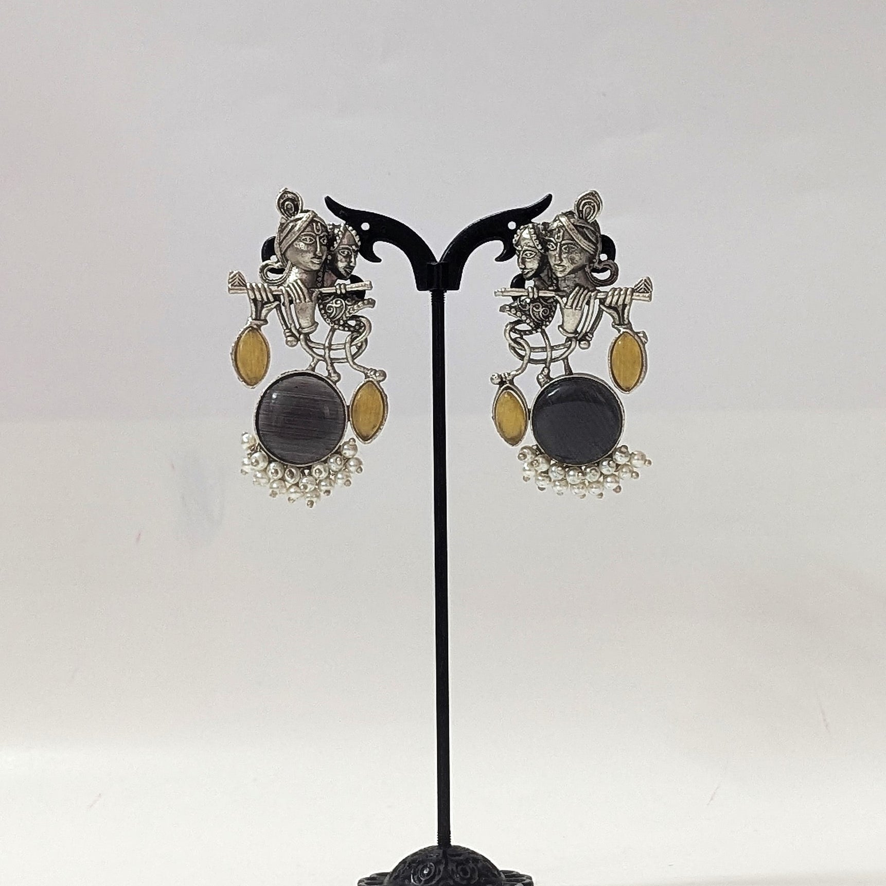 Radha Krishna Oxidised Silver Earrings for Women with Black Stone & Yellow Accents