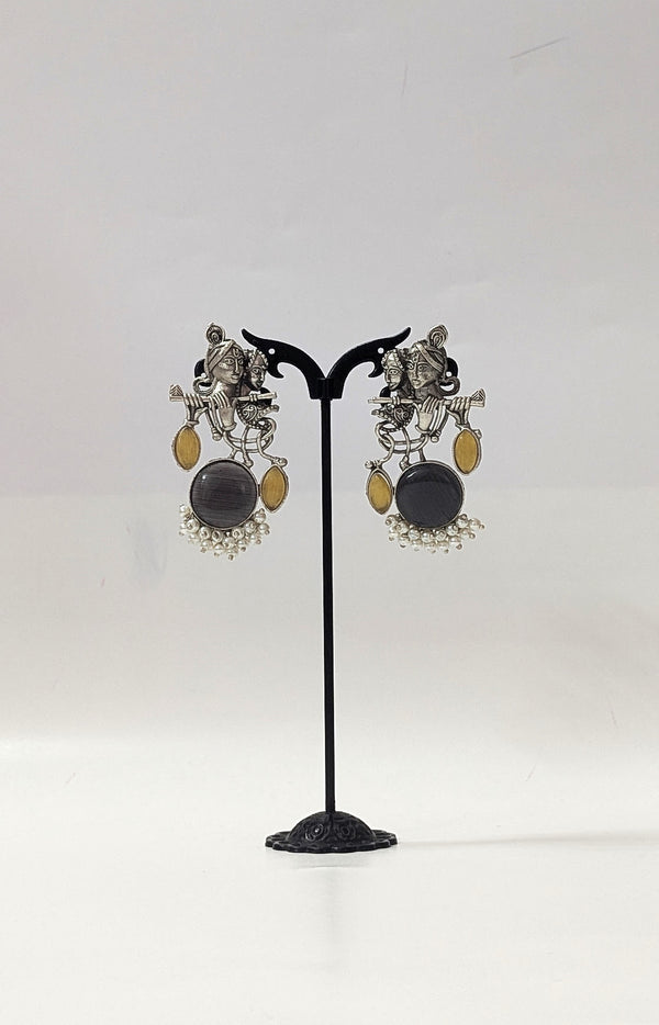 Radha Krishna Oxidised Silver Earrings for Women with Black Stone & Yellow Accents
