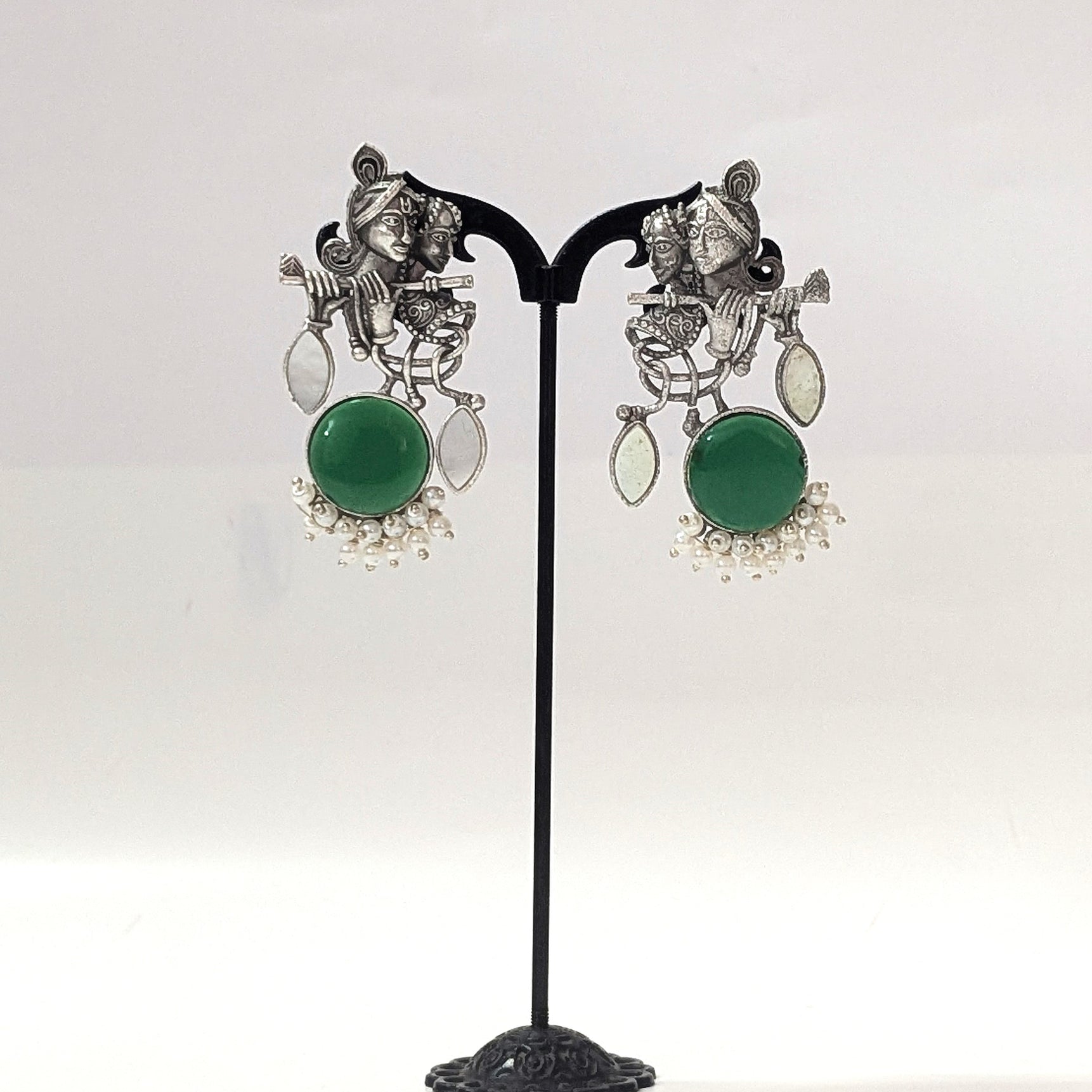 Radha Krishna Oxidised Earrings for women in Green with White Drops