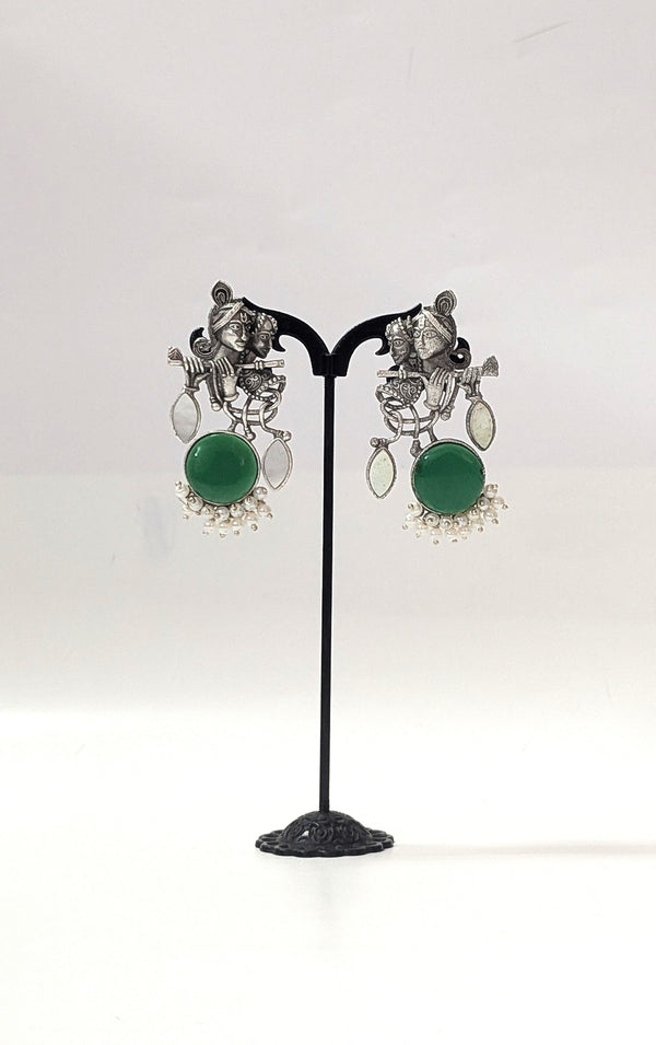 Radha Krishna Oxidised Earrings for women in Green with White Drops