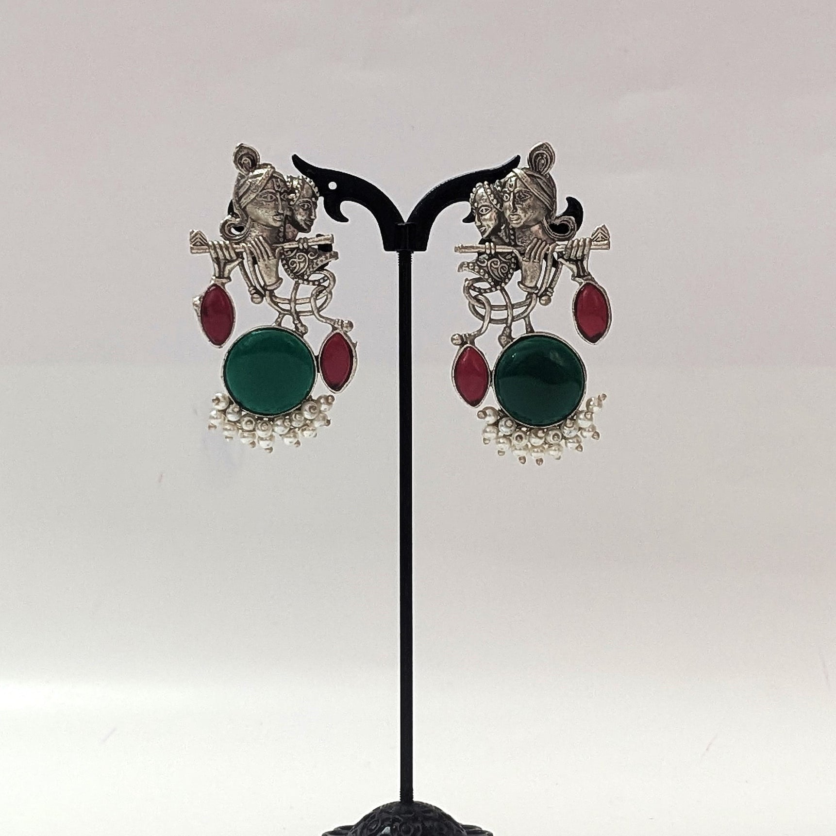 Radha Krishna Oxidised Earrings for women in Green with maroon Drops