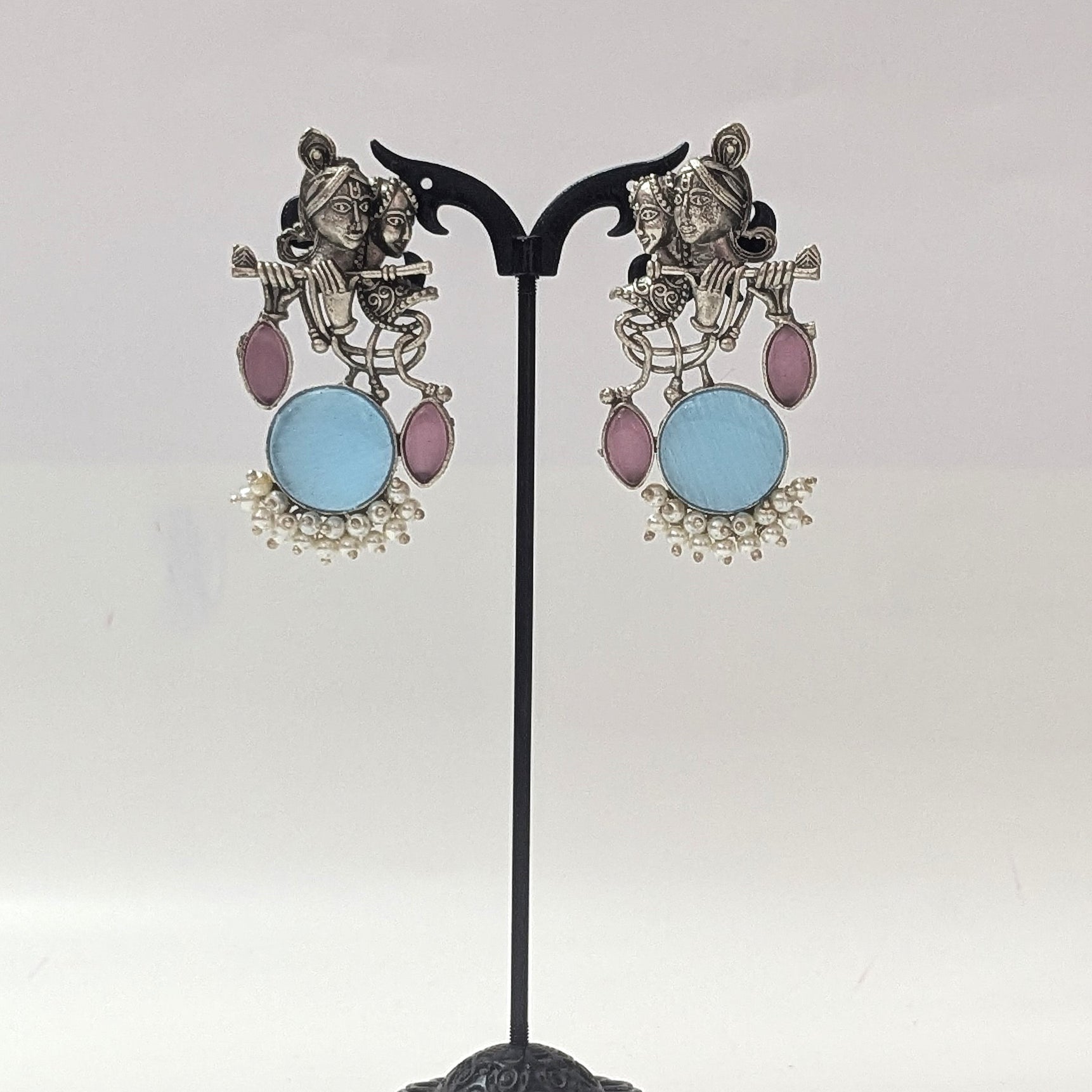 Radha Krishna Oxidized Silver Earrings with Blue Stone & Pearl Drops