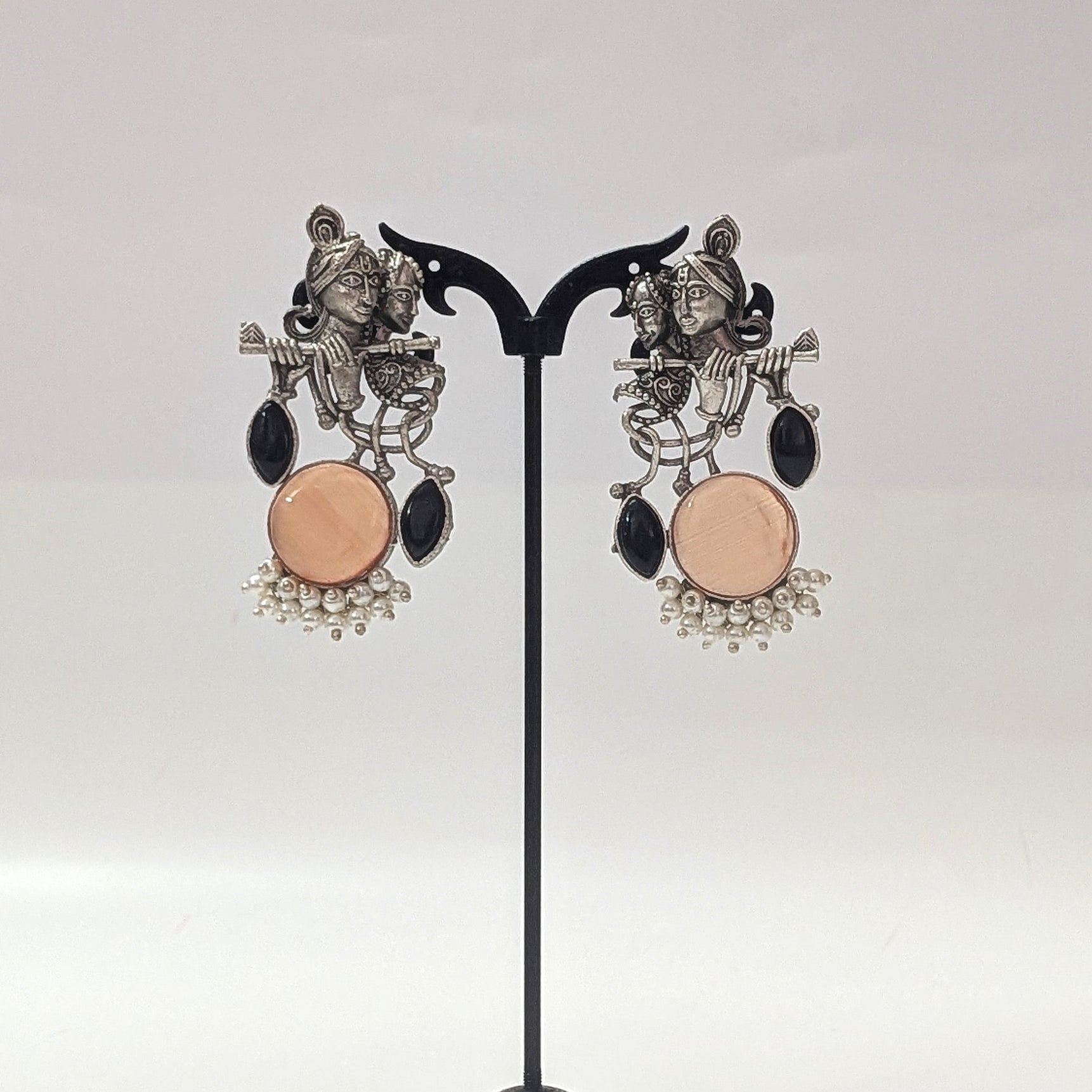 Radha Krishna Oxidized Earrings – Peach Stone with Black Accents & Pearls