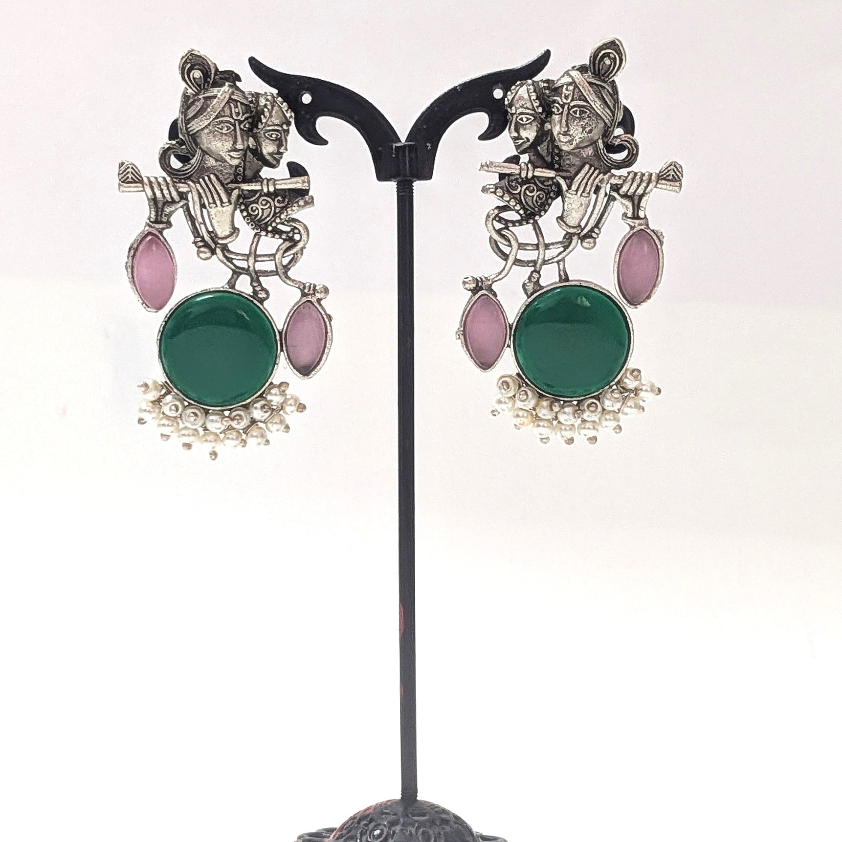 Radha Krishna Oxidised Earrings for women in Green with Pearl Drops