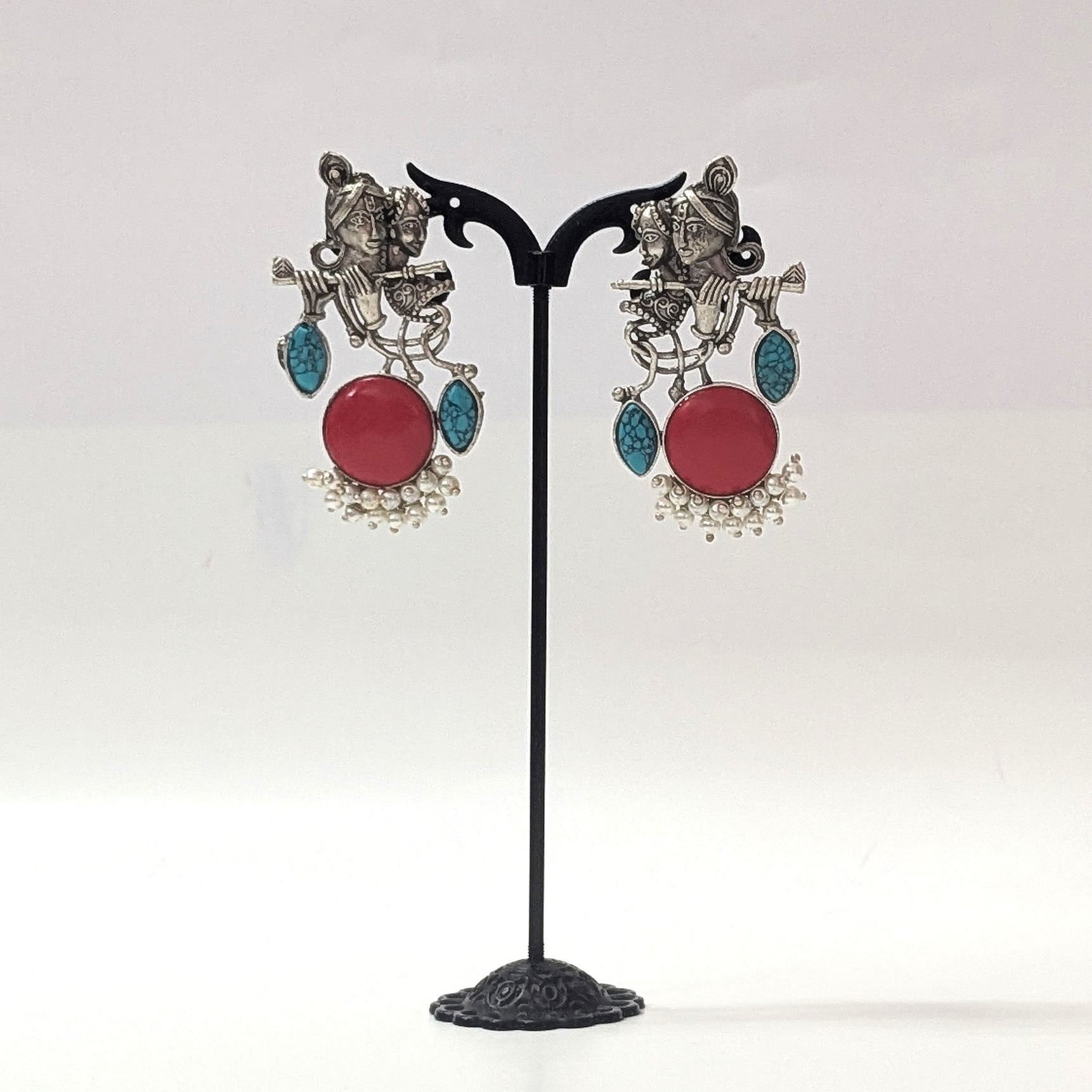 Radha Krishna Beautiful Silver Plated Oxidised Earring in Red