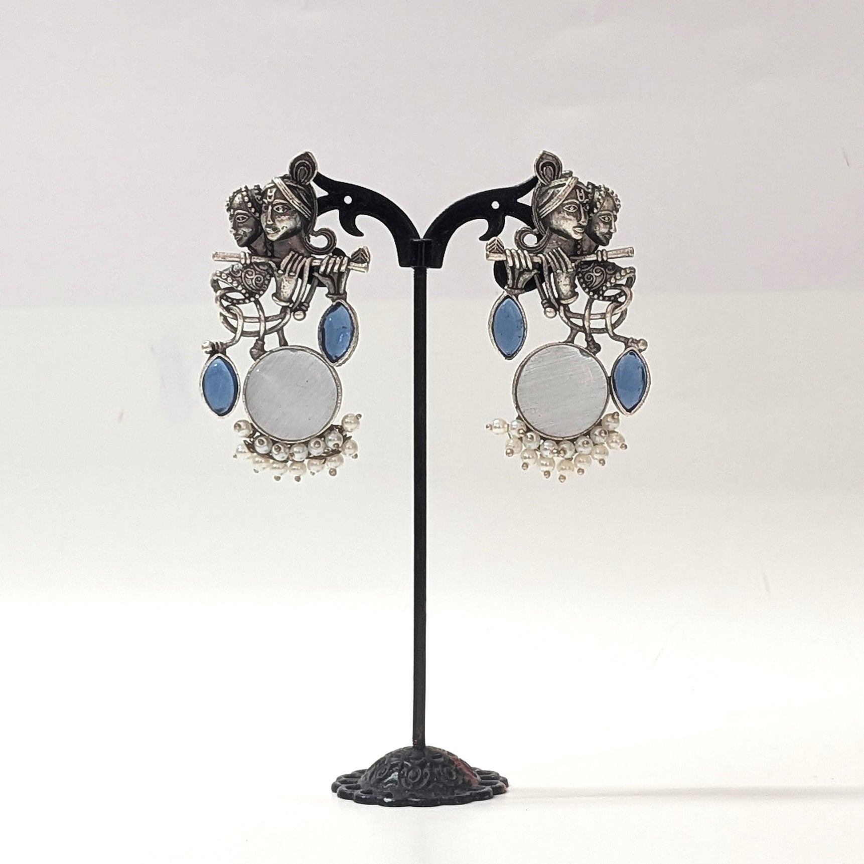 Radha Krishna Oxidised Ethnic Silver Earrings for Women with White Stones & Pearls