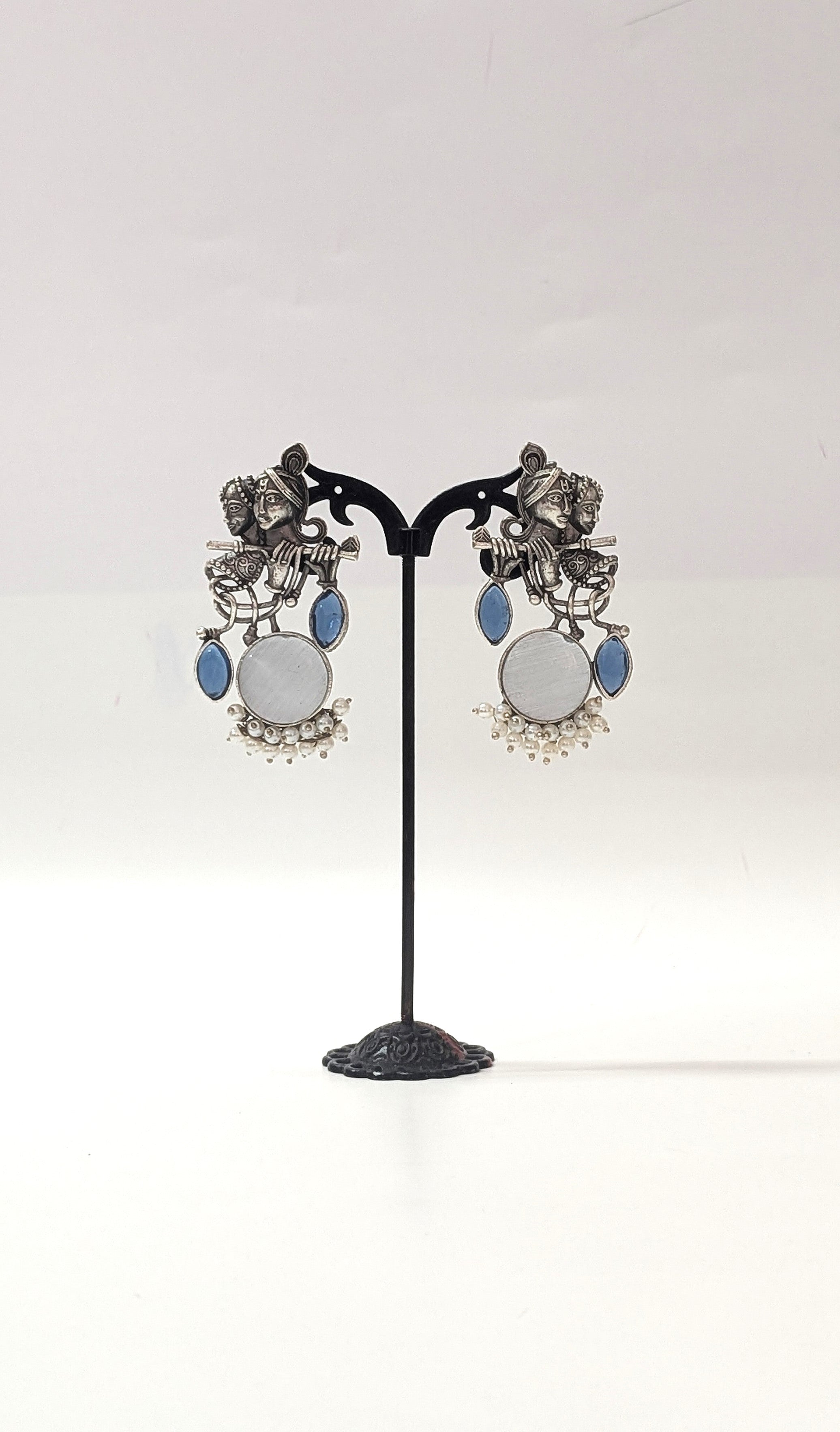Radha Krishna Oxidised Ethnic Silver Earrings for Women with White Stones & Pearls