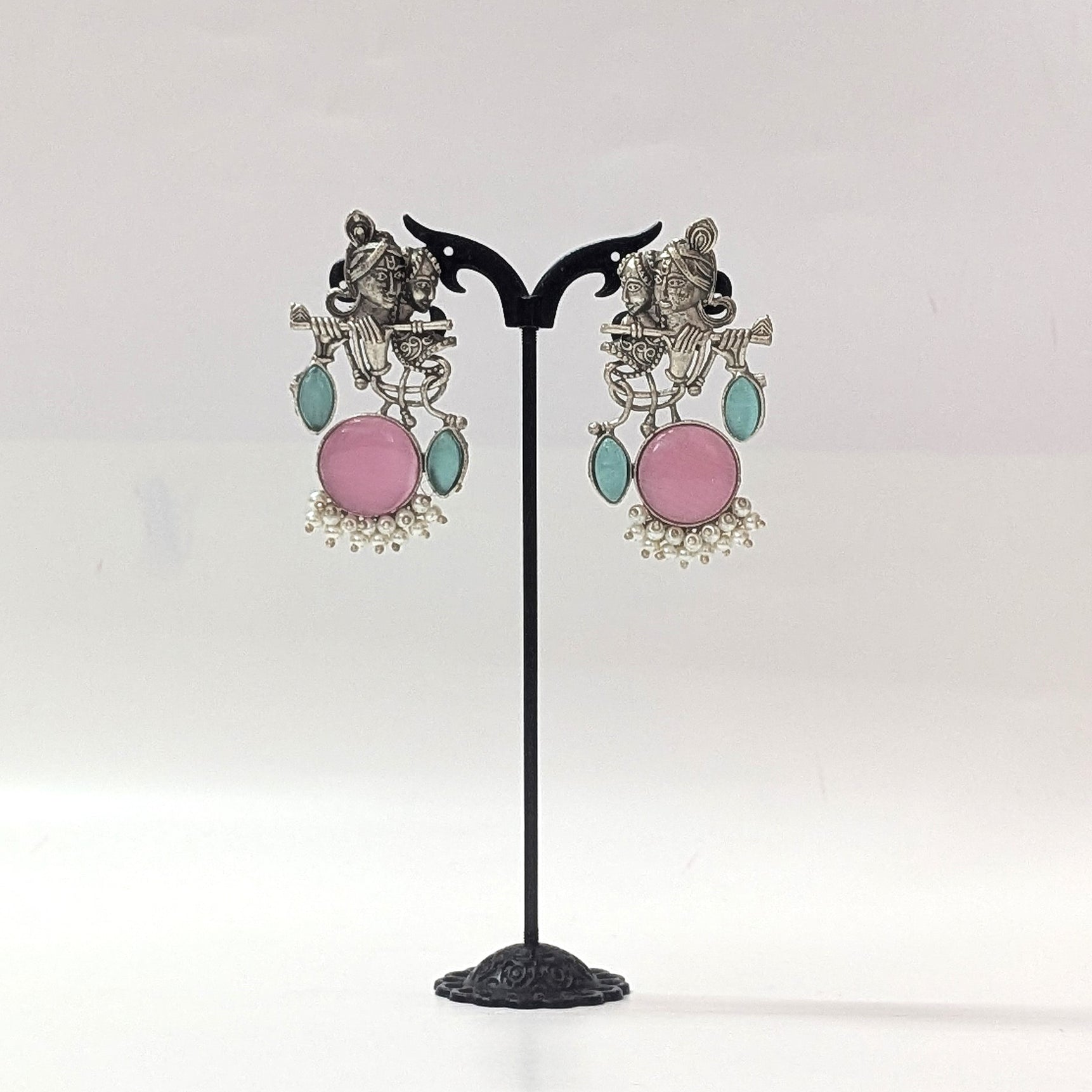 Radha Krishna Pink Stone Silver platted Oxidised Earrings for Women