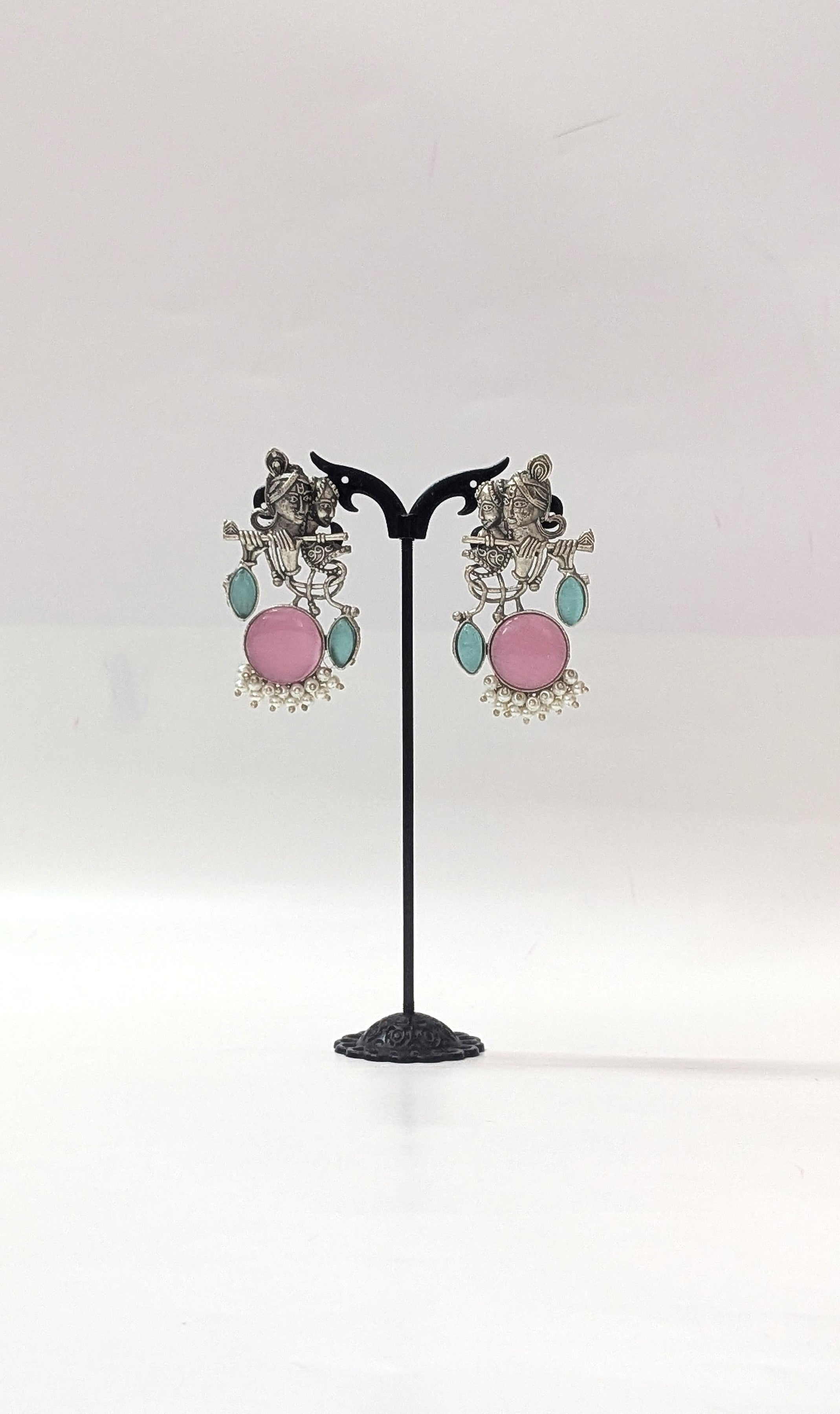 Radha Krishna Pink Stone Silver platted Oxidised Earrings for Women