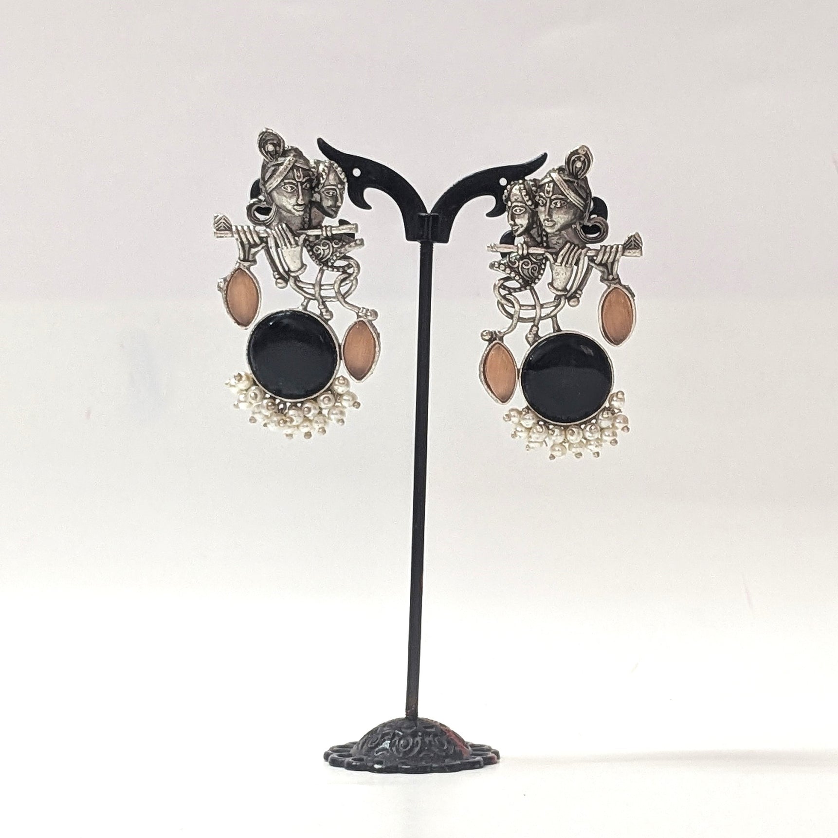 Radha Krishna Oxidised Silver Earrings for Women with Black Stone & Bronze Accents