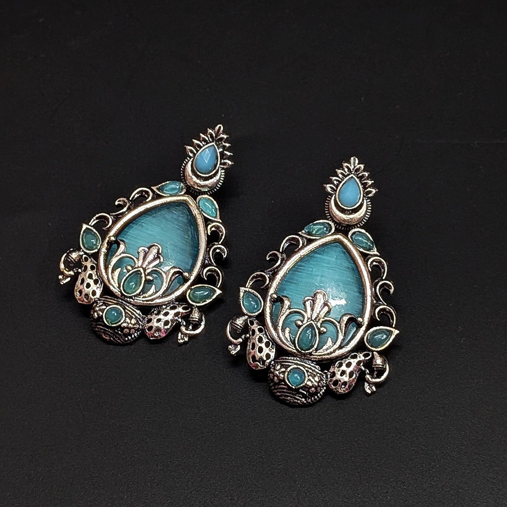 Oxidised Silver Blue Teardrop Earrings – Ethnic Boho Statement