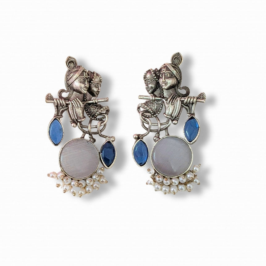Radha Krishna Oxidised Ethnic Silver Earrings for Women with White Stones & Pearls
