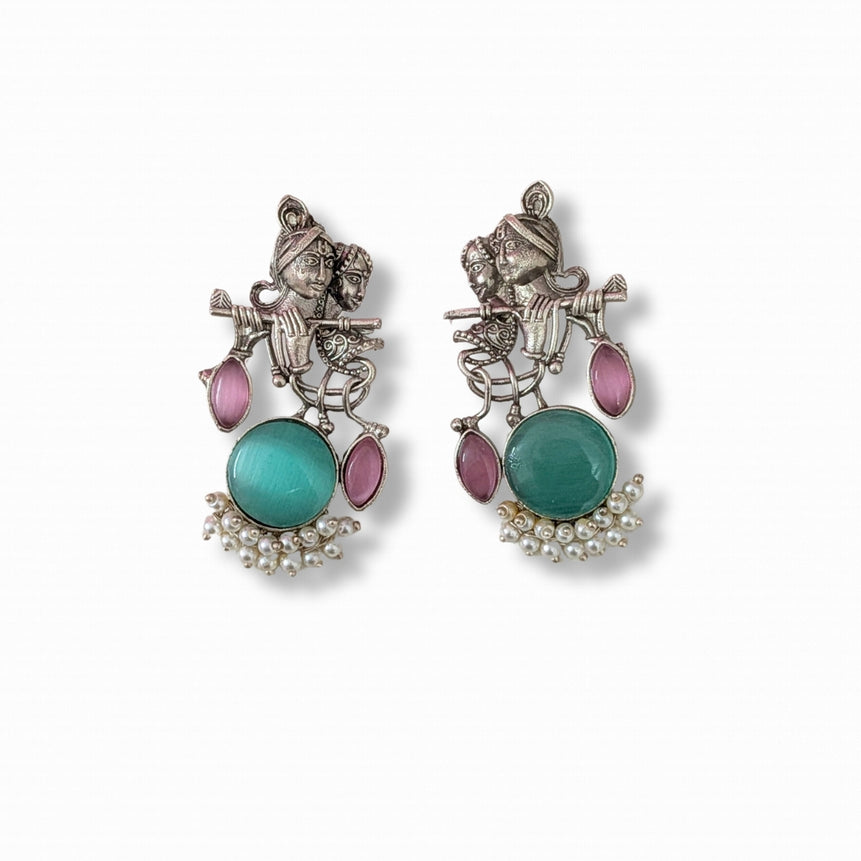 Radha Krishna Oxidised Ethnic Silver Earrings for Women with Mint Green & Purple Stones