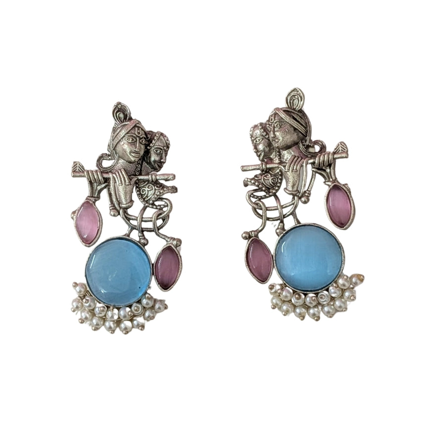 Radha Krishna Oxidized Silver Earrings with Blue Stone & Pearl Drops