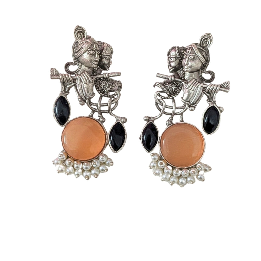 Radha Krishna Oxidized Earrings – Peach Stone with Black Accents & Pearls