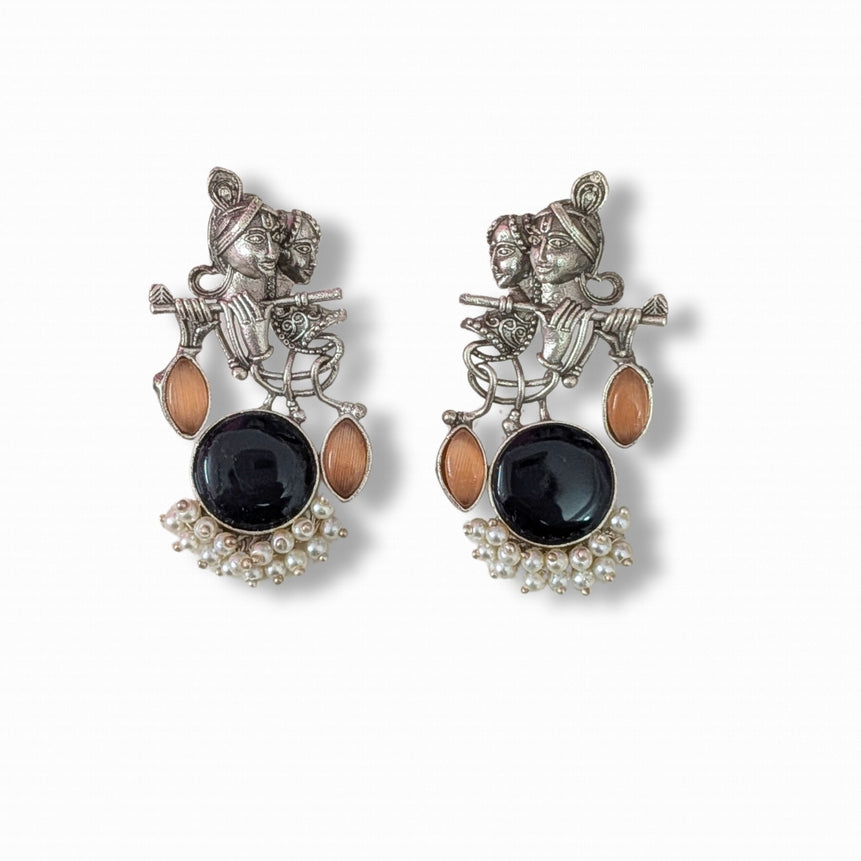 Radha Krishna Oxidised Silver Earrings for Women with Black Stone & Bronze Accents