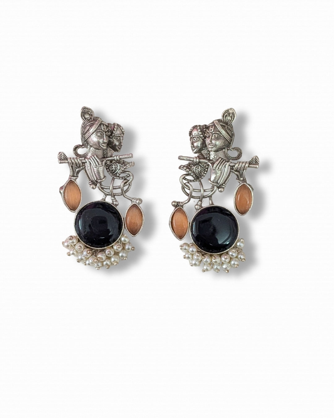 Radha Krishna Oxidised Silver Earrings for Women with Black Stone & Bronze Accents
