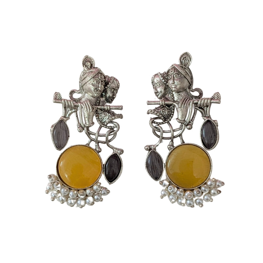 Radha Krishna Beautiful Silver Plated Oxidised Earring in yellow