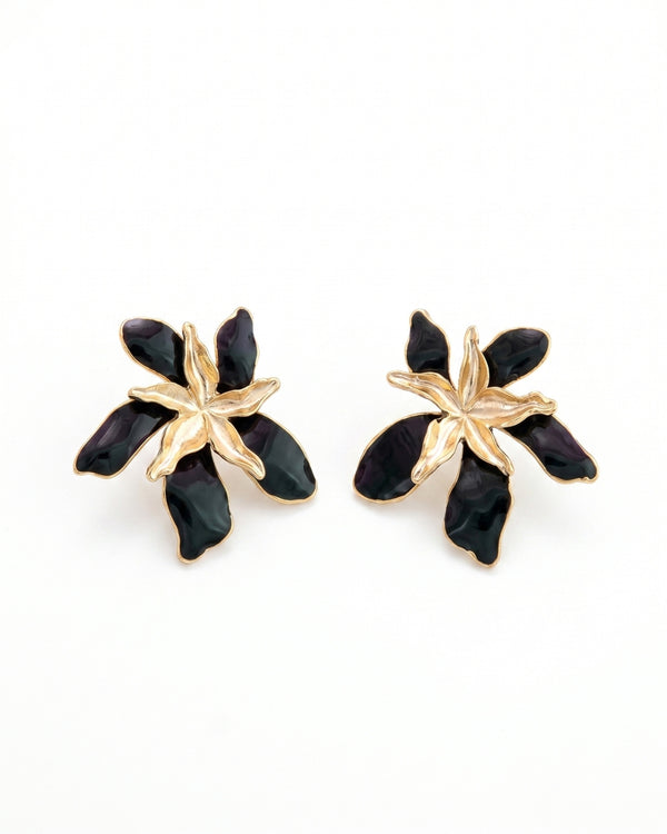 Black Orchid Enamel Flower Earrings