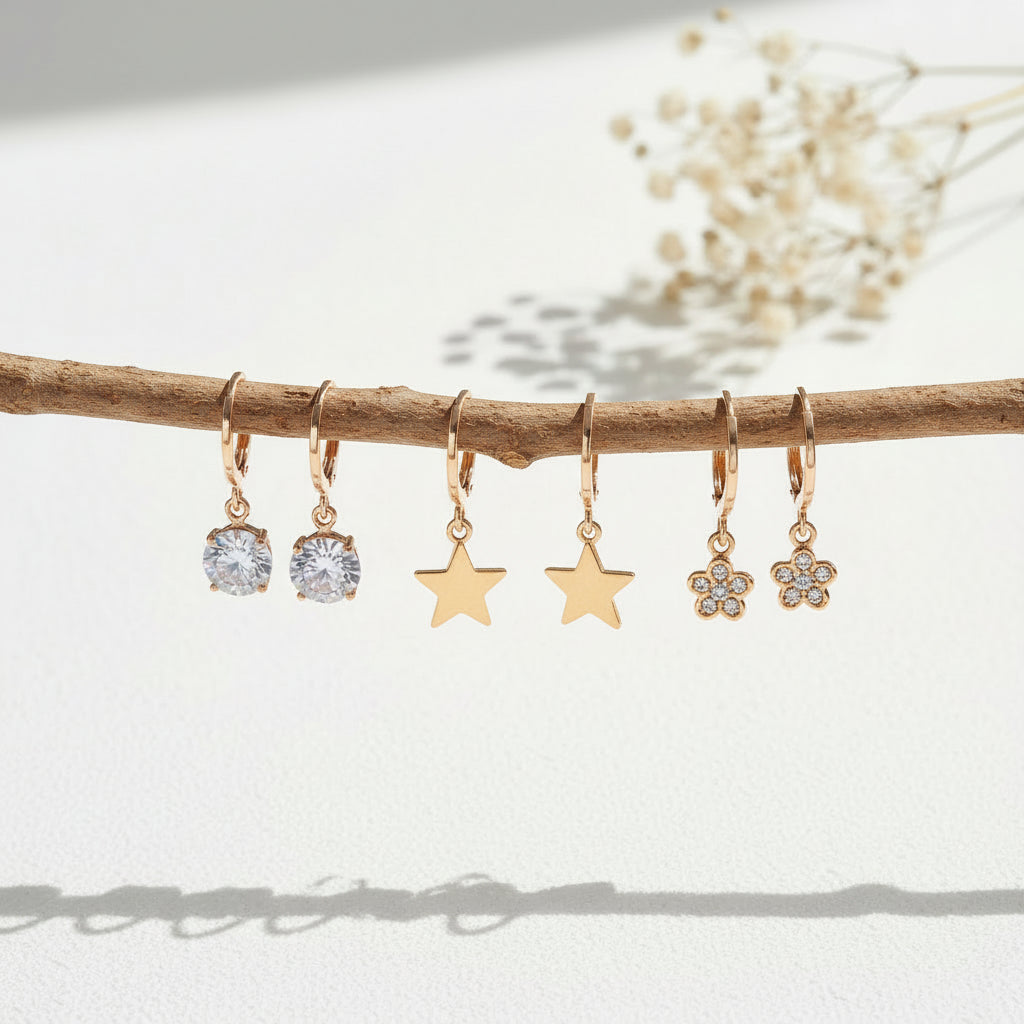 Golden Star & Blossom Hoops Combo Set – 6 Pairs of Everyday Elegance