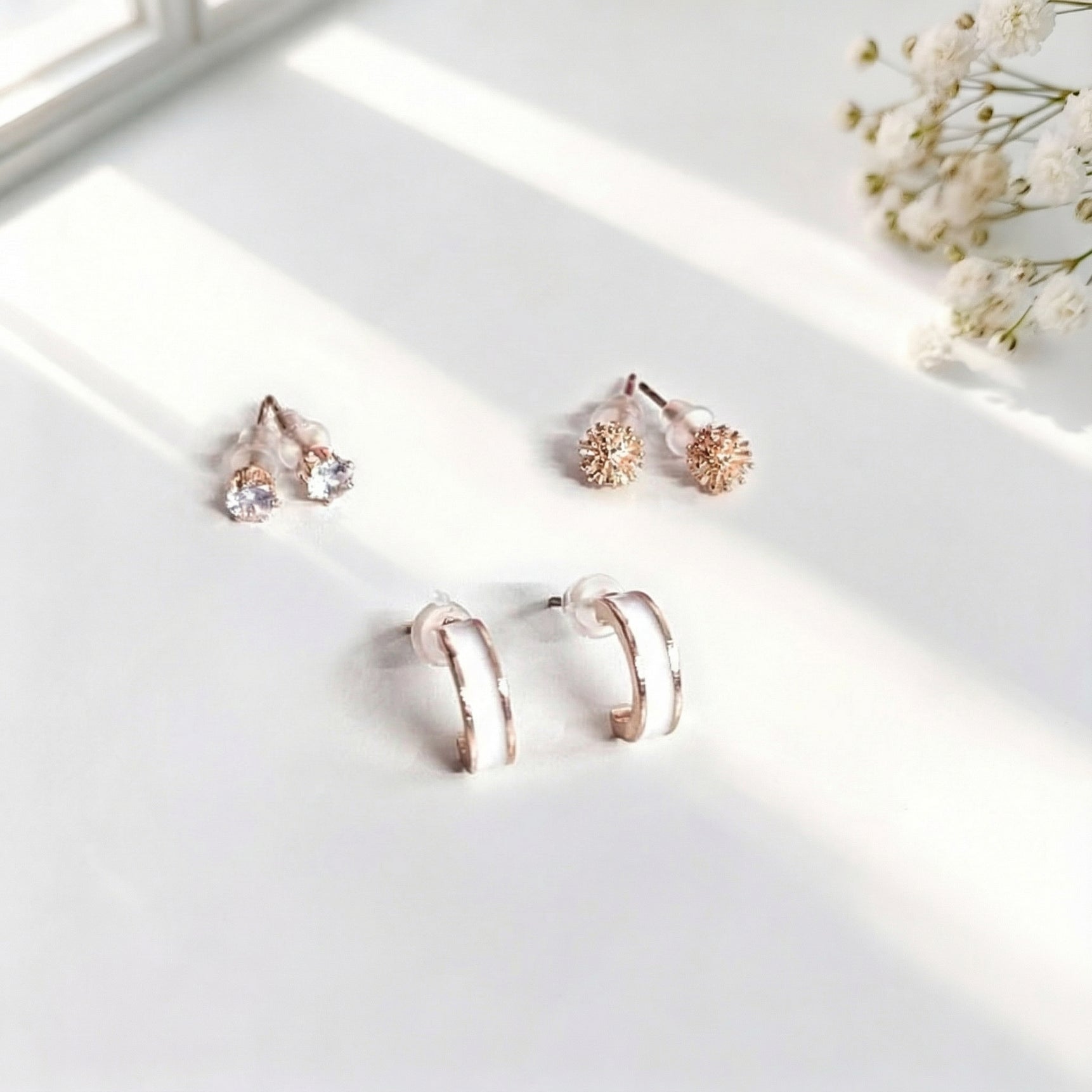 Rosegold Petite Hoops & Stud Earrings Combo – 3 Studs + 1 Hoop Set for Women
