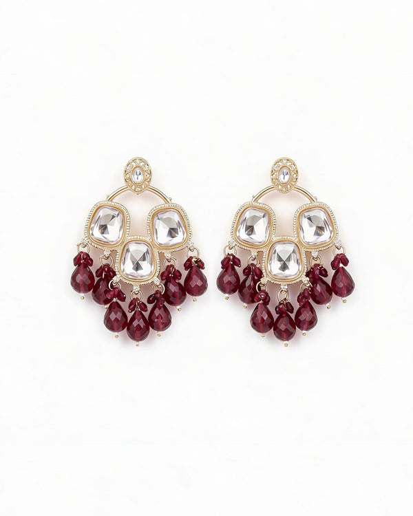 Ethnic Kundan Mirror Red Wine Beads Earrings