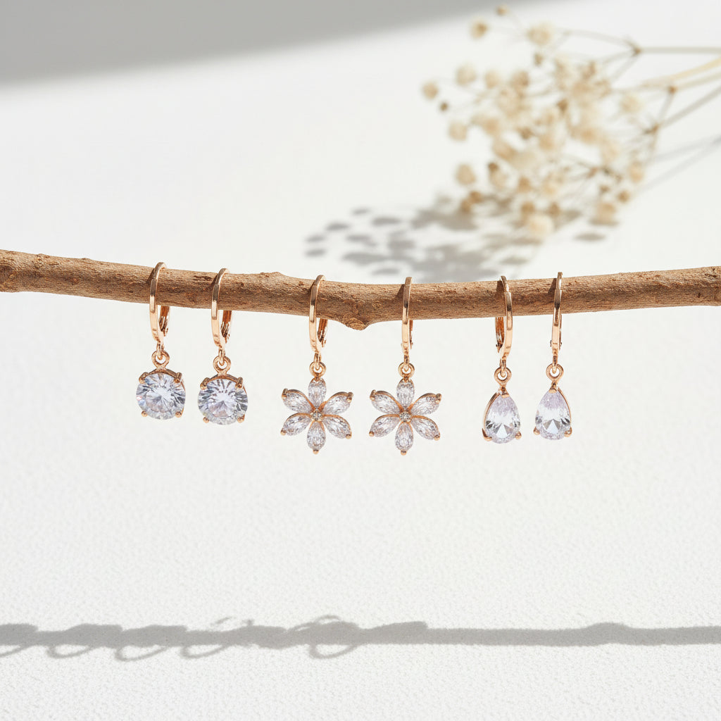 Zirconia Hoop Earrings Combo Set – Rose Gold Floral, Teardrop & Stud Hoops for Women