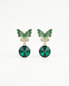 Green Butterfly Stud Earrings with Emerald Crystal Drops