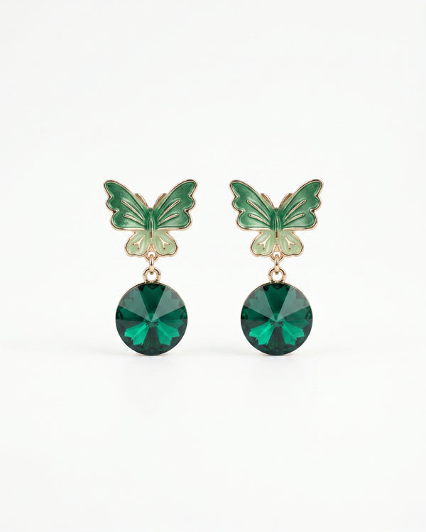 Green Butterfly Stud Earrings with Emerald Crystal Drops