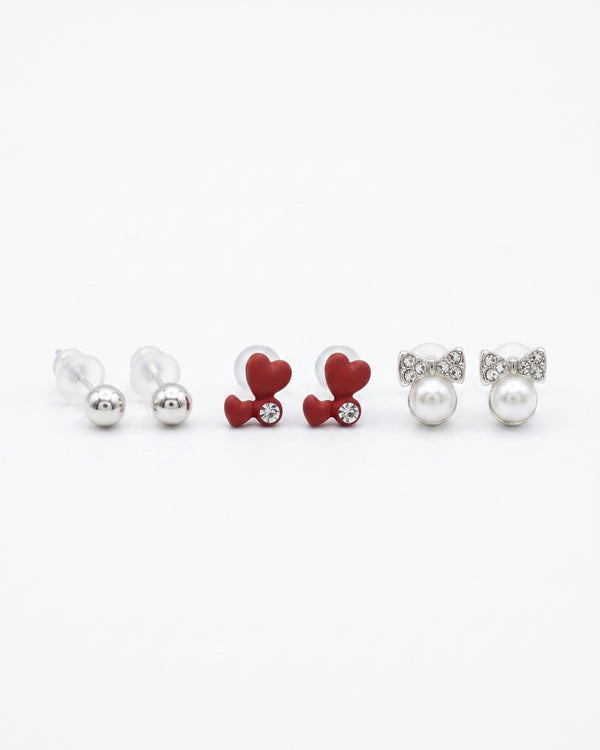 Scarlet Heart & Bow Stud Earrings Combo – Cute Pearl, Red Heart & Ball Studs for Women & Girls