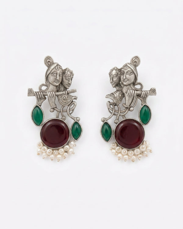 Radha Krishna Beautiful Silver Plated Oxidised Earring in Marooon