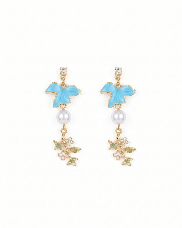 Blue Enamel Bird Drop Earrings with Pearl & Floral Charm
