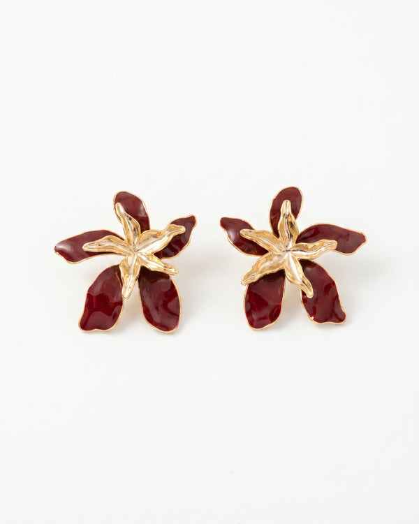 Maroon Orchid Enamel Flower Earrings – Bold Floral Studs for Women