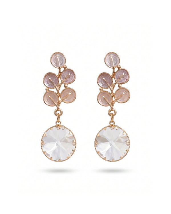 Elegant Leaf Crystal Drop Earrings – Pink & Grey