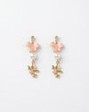 Pink Enamel Bird Drop Earrings with Pearl & Gold Leaf Accents