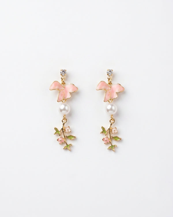 Pink Enamel Bird Drop Earrings with Pearl & Gold Leaf Accents