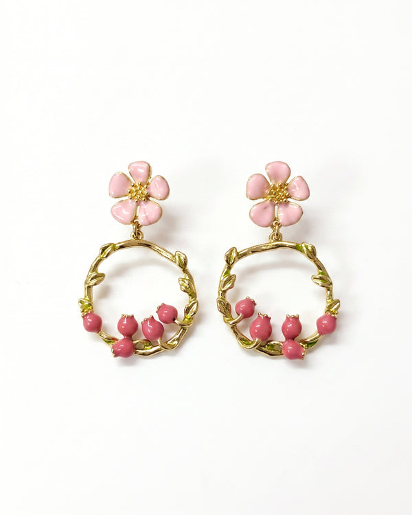 Pink Gold Dainty Floral Hoop Earrings