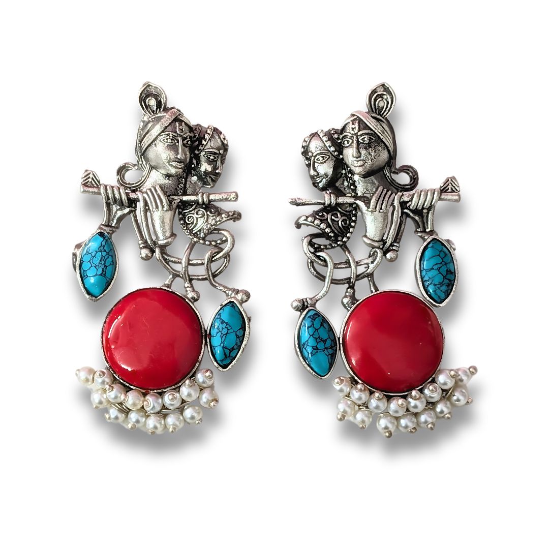 Radha Krishna Beautiful Silver Plated Oxidised Earring in Red