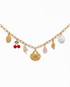 Gold Chain Charm Necklace with Seashells, Leaf & Cherry Accents