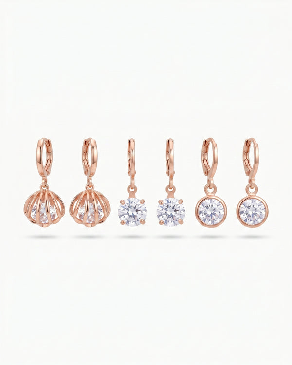 Rose Gold Zirconia Shell Earrings Combo – 3 Pair Dangler Hoops for Women
