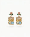 Golden Vintage Rose & Blue Enamel Drop Earrings