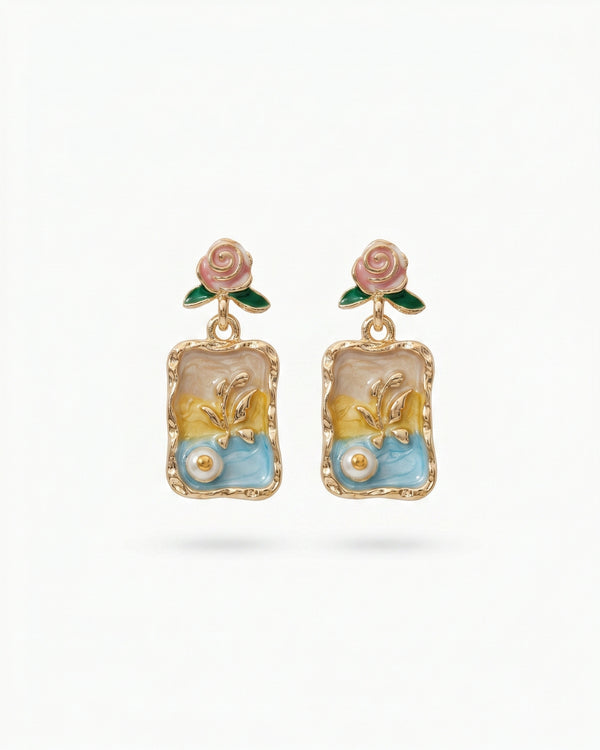 Golden Vintage Rose & Blue Enamel Drop Earrings