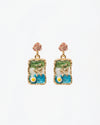 Vintage Blue Floral Rectangle Artistic Drop Earrings