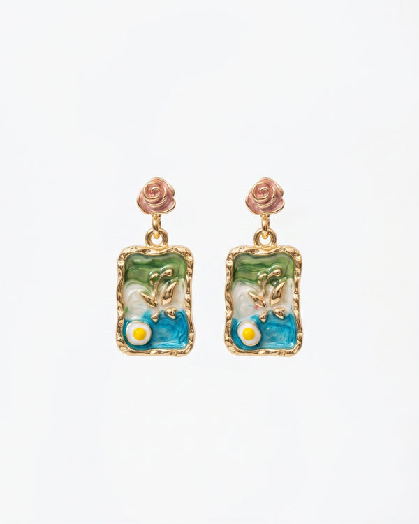 Vintage Blue Floral Rectangle Artistic Drop Earrings