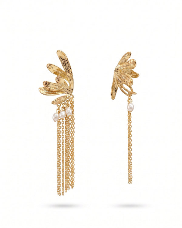 Golden Wings Drop Earrings with Pearls & Long Tassel Chains