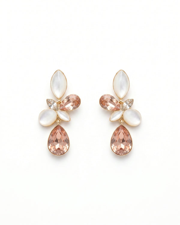 Peach Petal Floral Crystal Earrings with Pearl Drops